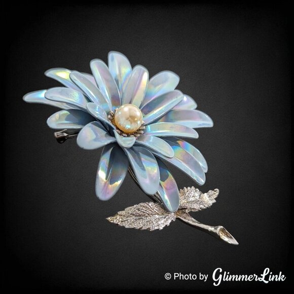 Vintage Coro Iridescent Blue Enamel Faux Pearl Silver Tone Brooch - Picture 2 of 9